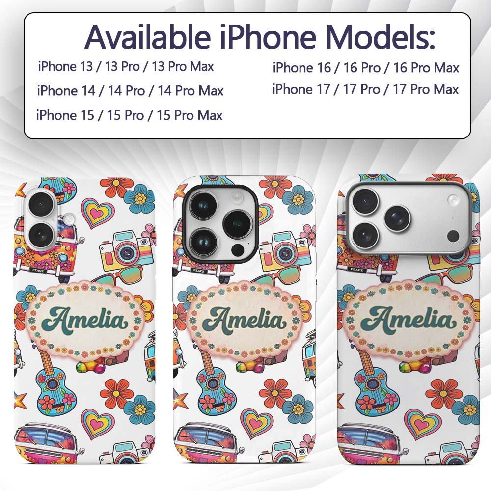 Hippie Van Camera Guitar Floral Printed Design Custom Name Protective Phone Case Mobile Cover Durable Everyday Smartphone Shock Resistant