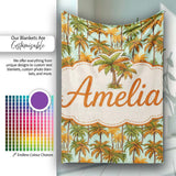 Tropical Palm Tree Summer Beach Seamless Pattern on Mint Background  Personalised Custom Name Super Soft Fleece Blanket Bed Sofa Throw