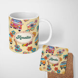 Personalized Custom Name Hippie Camera Guitar Floral Travel Yellow Background Seamless 11oz Ceramic Coffee Tea Mug White Large Handle