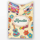 Hippie Camera Guitar Floral Travel Yellow Background Seamless  Personalised Custom Name Super Soft Fleece Blanket Bed Sofa Throw