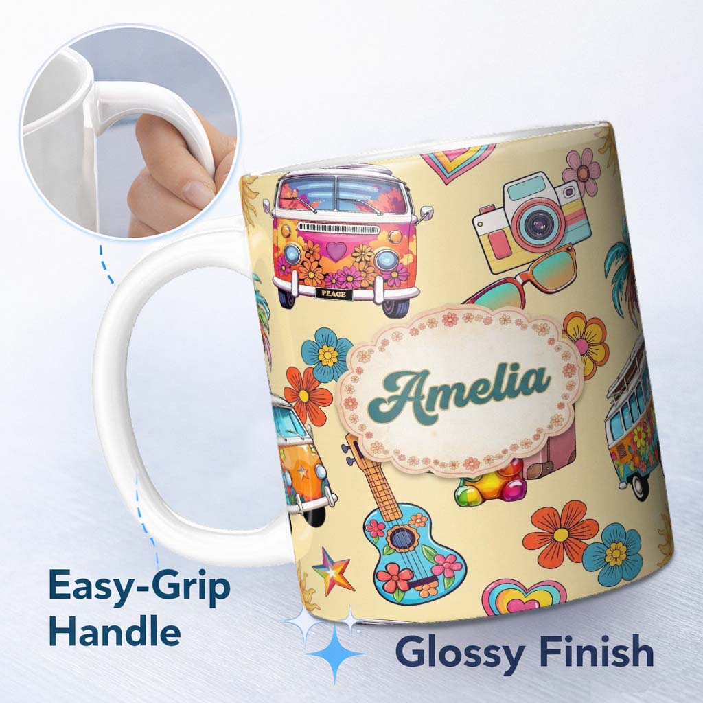 Personalized Custom Name Hippie Camera Guitar Floral Travel Yellow Background Seamless 11oz Ceramic Coffee Tea Mug White Large Handle