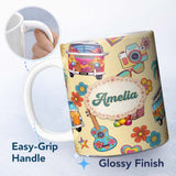 Personalized Custom Name Hippie Camera Guitar Floral Travel Yellow Background Seamless 11oz Ceramic Coffee Tea Mug White Large Handle