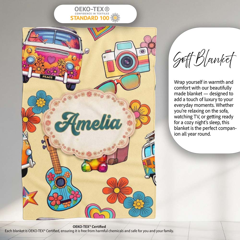 Hippie Camera Guitar Floral Travel Yellow Background Seamless  Personalised Custom Name Super Soft Fleece Blanket Bed Sofa Throw