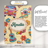 Hippie Camera Guitar Floral Travel Yellow Background Seamless  Personalised Custom Name Super Soft Fleece Blanket Bed Sofa Throw