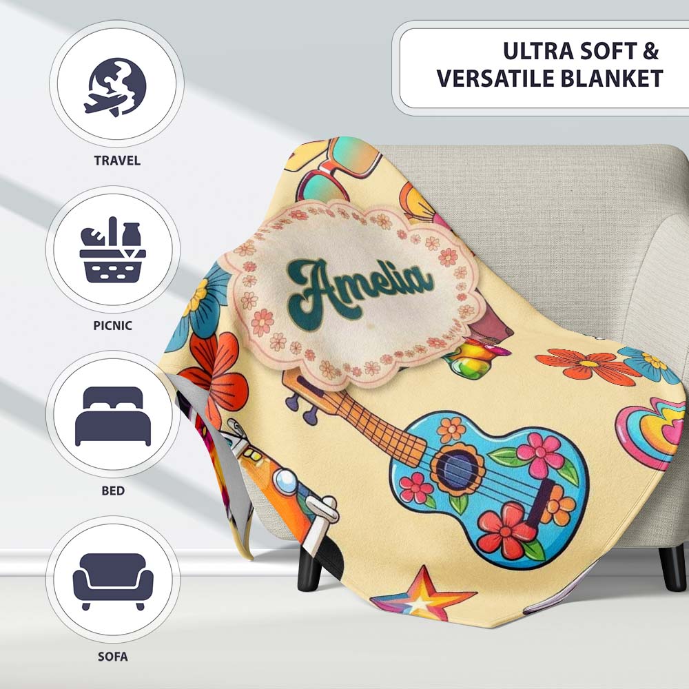 Hippie Camera Guitar Floral Travel Yellow Background Seamless  Personalised Custom Name Super Soft Fleece Blanket Bed Sofa Throw