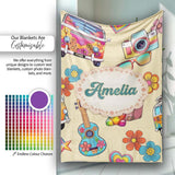 Hippie Camera Guitar Floral Travel Yellow Background Seamless  Personalised Custom Name Super Soft Fleece Blanket Bed Sofa Throw
