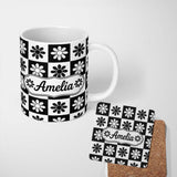 Personalized Custom Name Daisy Flower Checkerboard Black White Seamless Pattern Name Cute 11oz Ceramic Coffee Tea Mug White Large Handle
