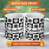 Personalized Custom Name Daisy Flower Checkerboard Black White Seamless Pattern Name Cute 11oz Ceramic Coffee Tea Mug White Large Handle