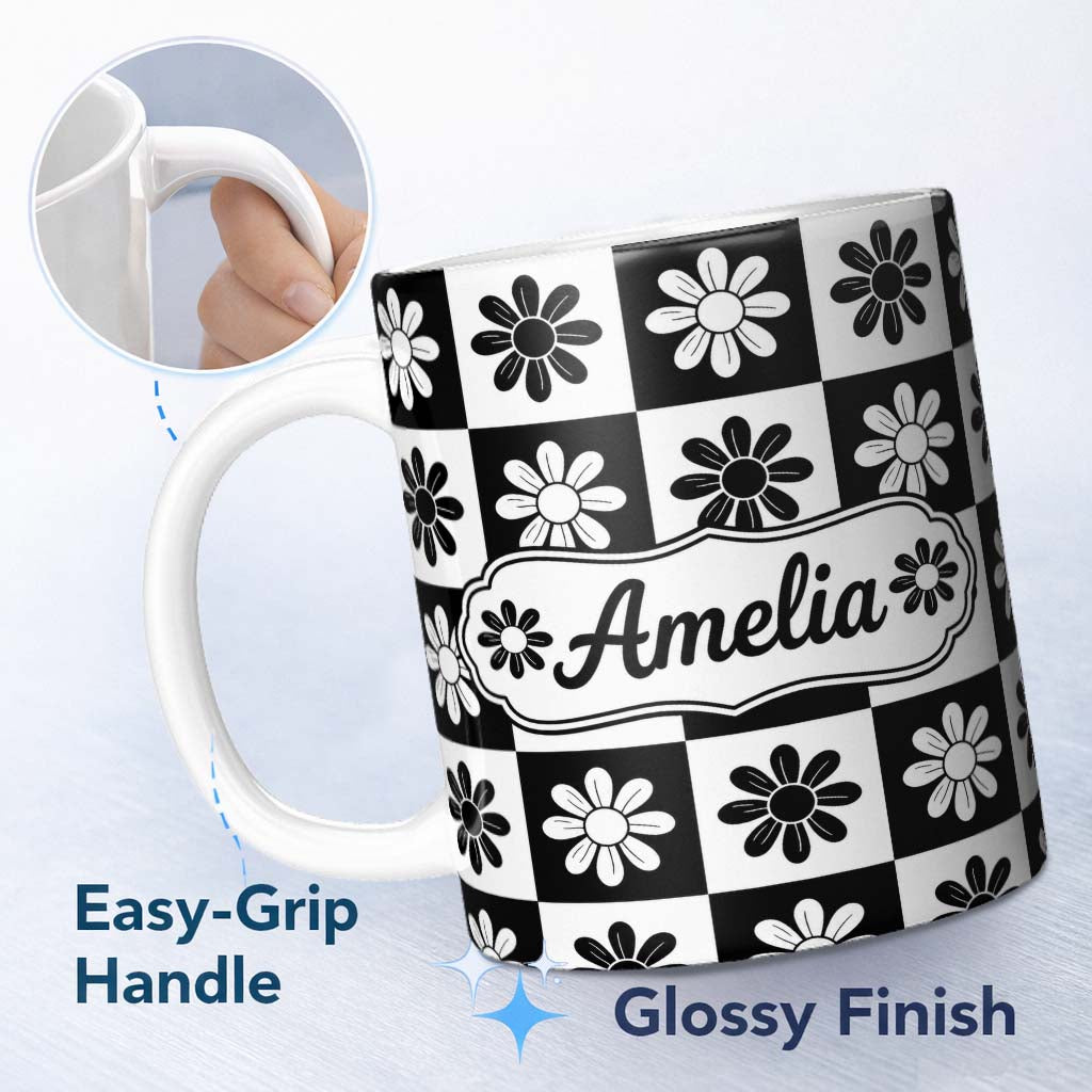 Personalized Custom Name Daisy Flower Checkerboard Black White Seamless Pattern Name Cute 11oz Ceramic Coffee Tea Mug White Large Handle