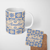 Personalized Custom Name Daisy Flower Checkerboard Blue Beige Seamless Pattern Name Cute 11oz Ceramic Coffee Tea Mug White Large Handle