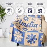 Daisy Flower Checkerboard Blue Beige Seamless Pattern Name Cute  Personalised Custom Name Super Soft Fleece Blanket Bed Sofa Throw