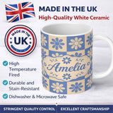 Personalized Custom Name Daisy Flower Checkerboard Blue Beige Seamless Pattern Name Cute 11oz Ceramic Coffee Tea Mug White Large Handle
