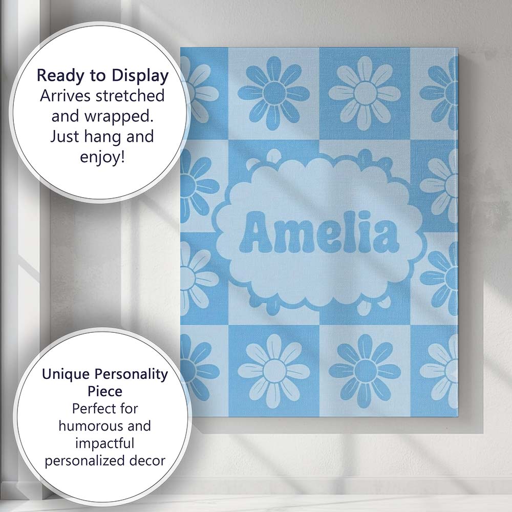Personalised Name Daisy Flower Checkerboard Custom  Bespoke Interior Contemporary Canvas Wall Art Print Decor Picture Ready to Hang
