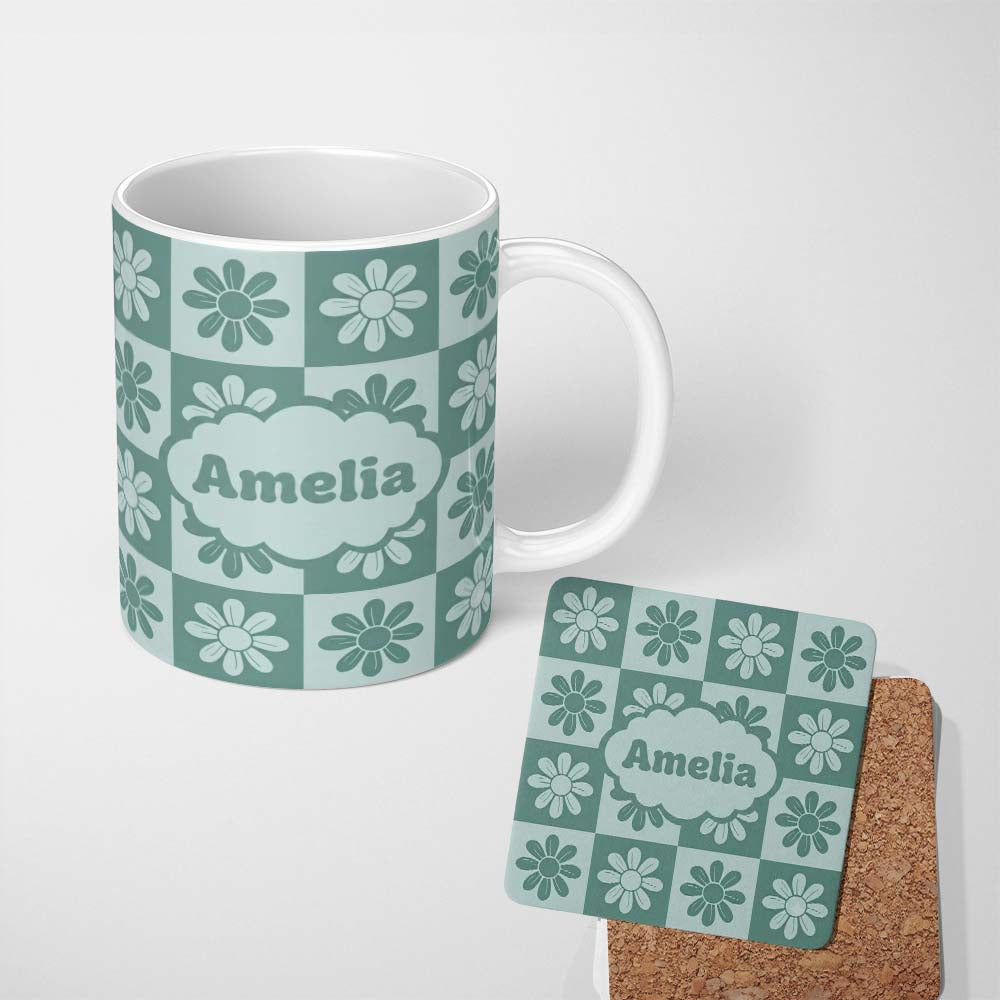 Personalized Custom Name Daisy Flower Checkerboard Sage Green Seamless Pattern Name Cute 11oz Ceramic Coffee Tea Mug White Large Handle