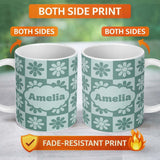 Personalized Custom Name Daisy Flower Checkerboard Sage Green Seamless Pattern Name Cute 11oz Ceramic Coffee Tea Mug White Large Handle