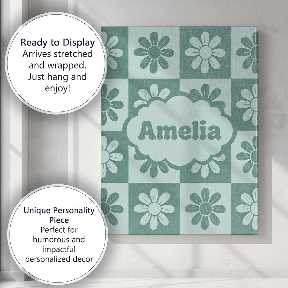 Personalised Name Daisy Flower Checkerboard Custom  Bespoke Interior Contemporary Canvas Wall Art Print Decor Picture Ready to Hang