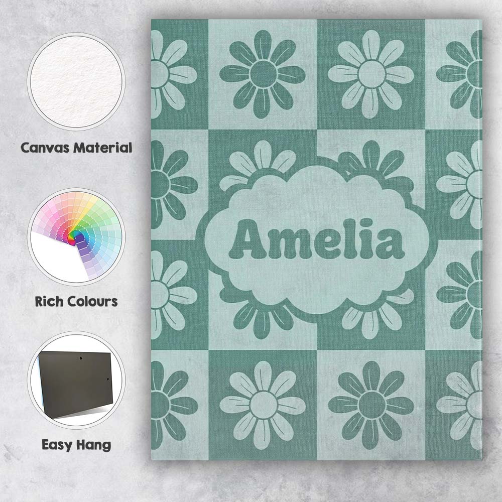 Personalised Name Daisy Flower Checkerboard Custom  Bespoke Interior Contemporary Canvas Wall Art Print Decor Picture Ready to Hang