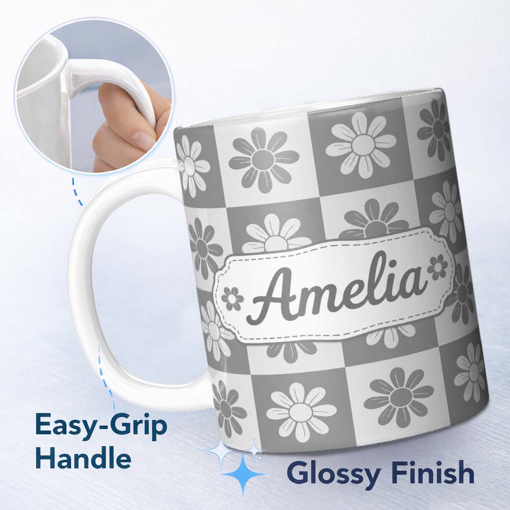 Personalized Custom Name Daisy Flower Checkerboard Grey White Seamless Pattern Name Cute 11oz Ceramic Coffee Tea Mug White Large Handle