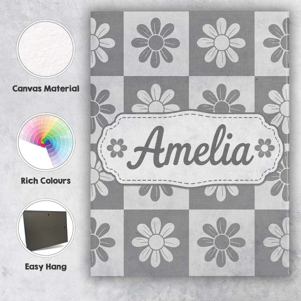 Personalised Name Daisy Flower Checkerboard Custom  Bespoke Interior Contemporary Canvas Wall Art Print Decor Picture Ready to Hang