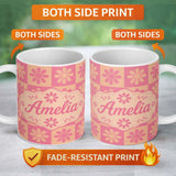 Personalized Custom Name Daisy Flower Checkerboard Pink Peach Seamless Pattern Name Cute 11oz Ceramic Coffee Tea Mug White Large Handle