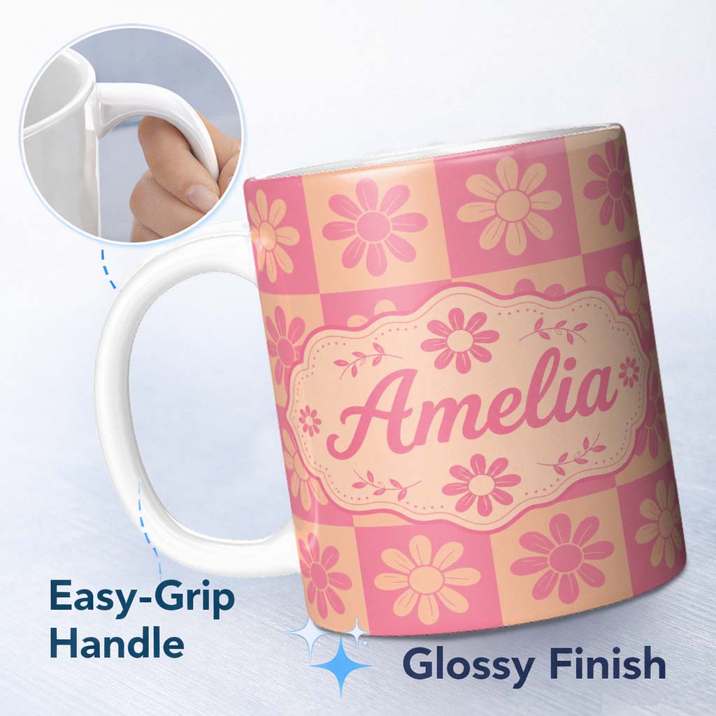 Personalized Custom Name Daisy Flower Checkerboard Pink Peach Seamless Pattern Name Cute 11oz Ceramic Coffee Tea Mug White Large Handle