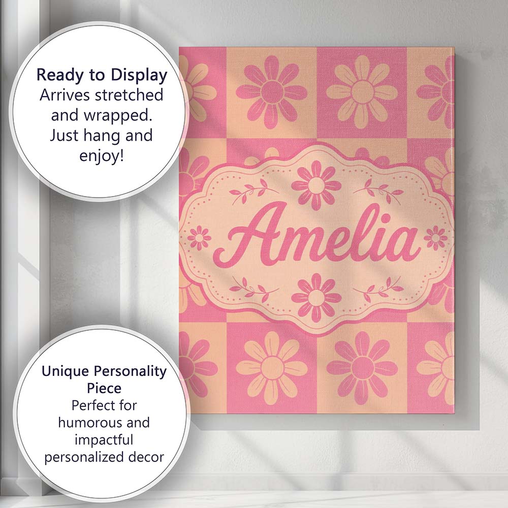 Personalised Name Daisy Flower Checkerboard Custom  Bespoke Interior Contemporary Canvas Wall Art Print Decor Picture Ready to Hang