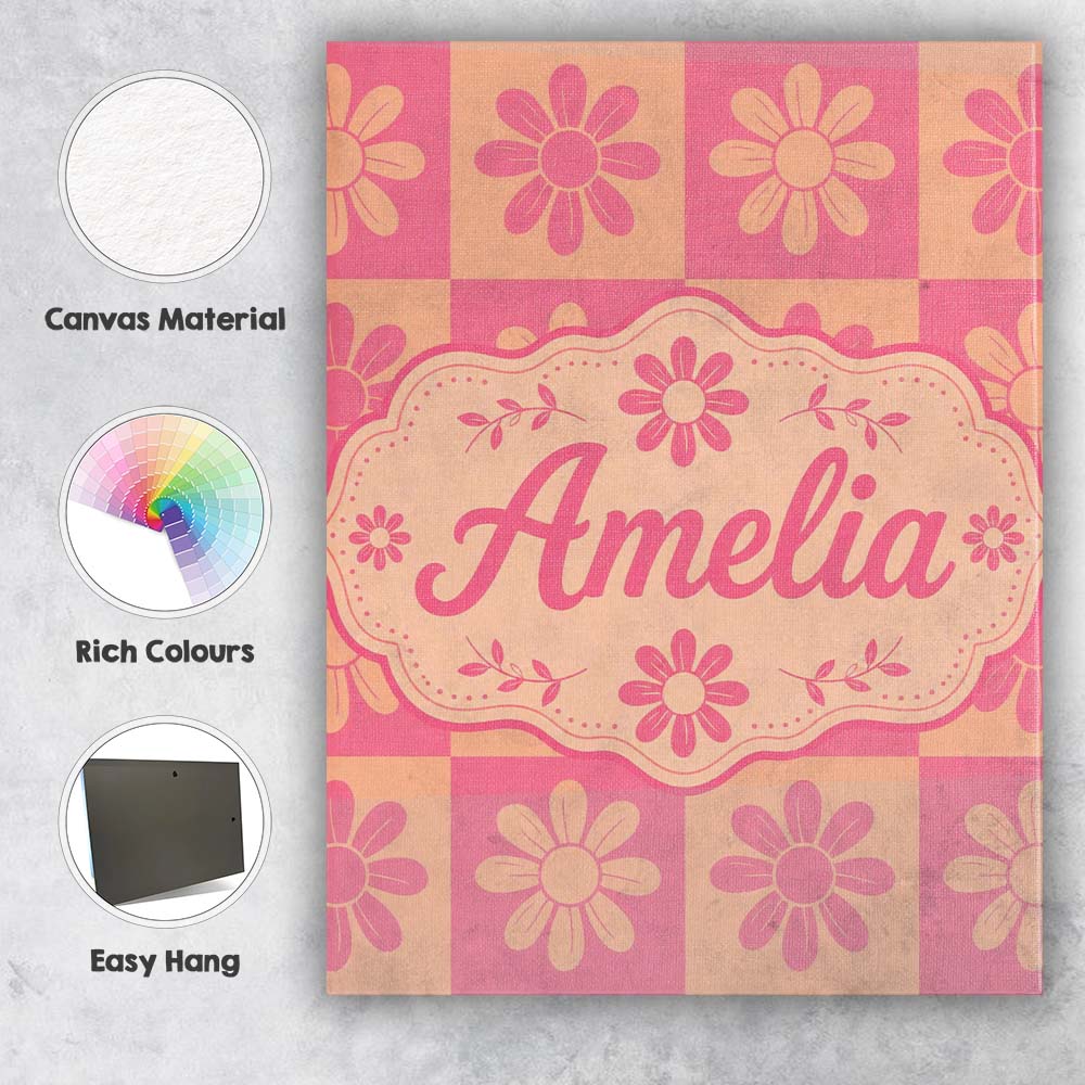 Personalised Name Daisy Flower Checkerboard Custom  Bespoke Interior Contemporary Canvas Wall Art Print Decor Picture Ready to Hang