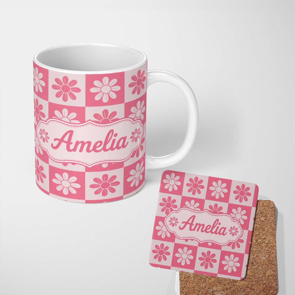 Personalized Custom Name Daisy Flower Checkerboard Pink White Seamless Pattern Name Cute 11oz Ceramic Coffee Tea Mug White Large Handle