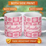 Personalized Custom Name Daisy Flower Checkerboard Pink White Seamless Pattern Name Cute 11oz Ceramic Coffee Tea Mug White Large Handle