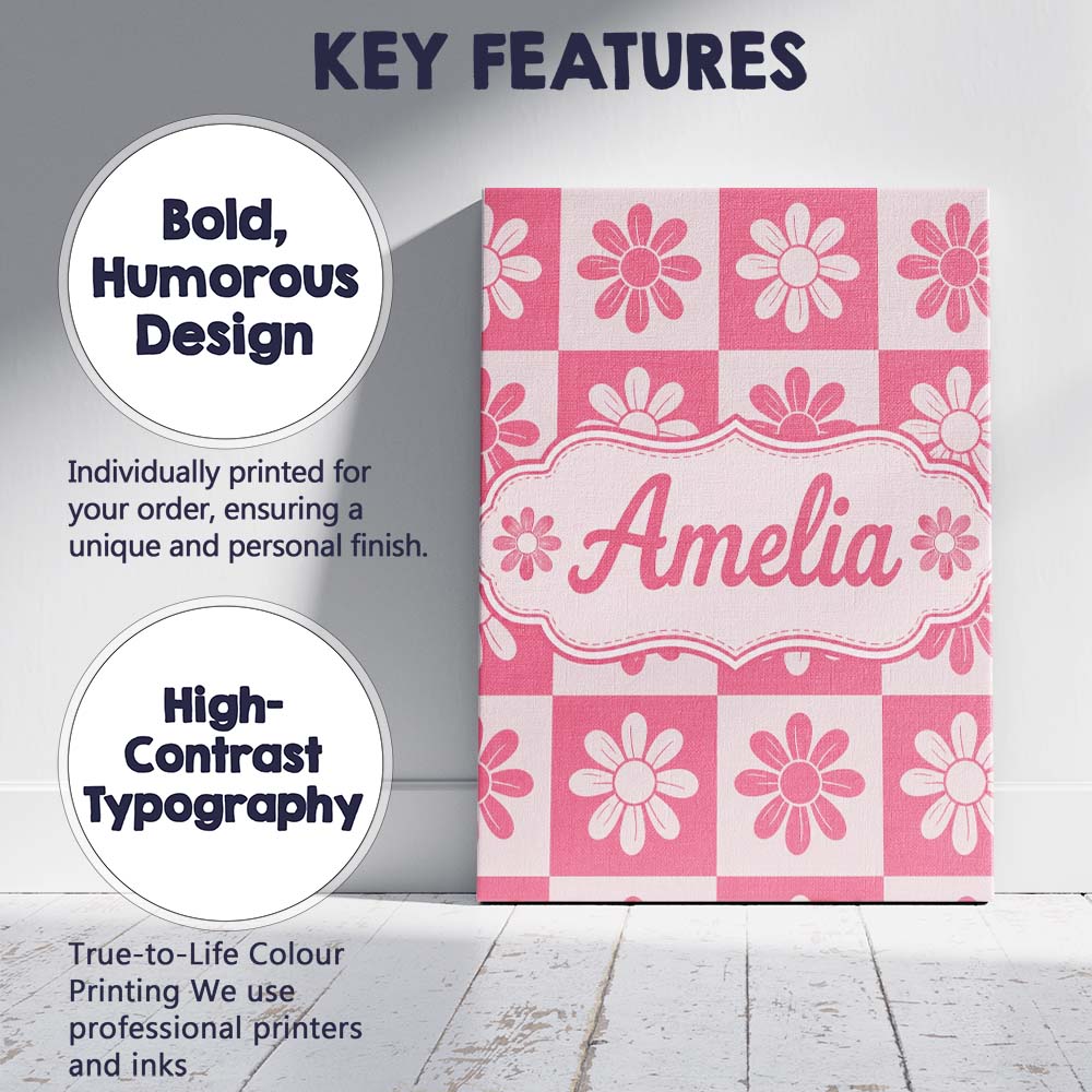 Personalised Name Daisy Flower Checkerboard Custom  Bespoke Interior Contemporary Canvas Wall Art Print Decor Picture Ready to Hang