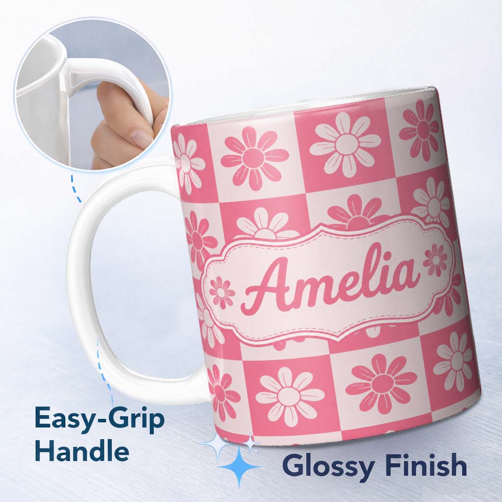 Personalized Custom Name Daisy Flower Checkerboard Pink White Seamless Pattern Name Cute 11oz Ceramic Coffee Tea Mug White Large Handle