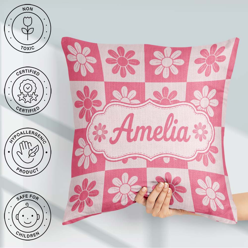 Custom Name Daisy Flower Pink White Seamless Pattern Name Cute Square Filled Cushion Throw Pillow Sofa Bed Home Decor Zip Washable UK Made