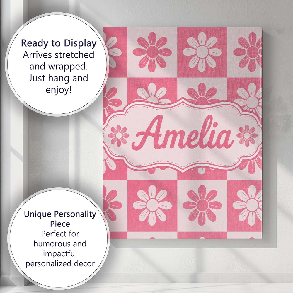 Personalised Name Daisy Flower Checkerboard Custom  Bespoke Interior Contemporary Canvas Wall Art Print Decor Picture Ready to Hang