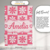 Daisy Flower Checkerboard Pink White Seamless Pattern Name Cute  Personalised Custom Name Super Soft Fleece Blanket Bed Sofa Throw