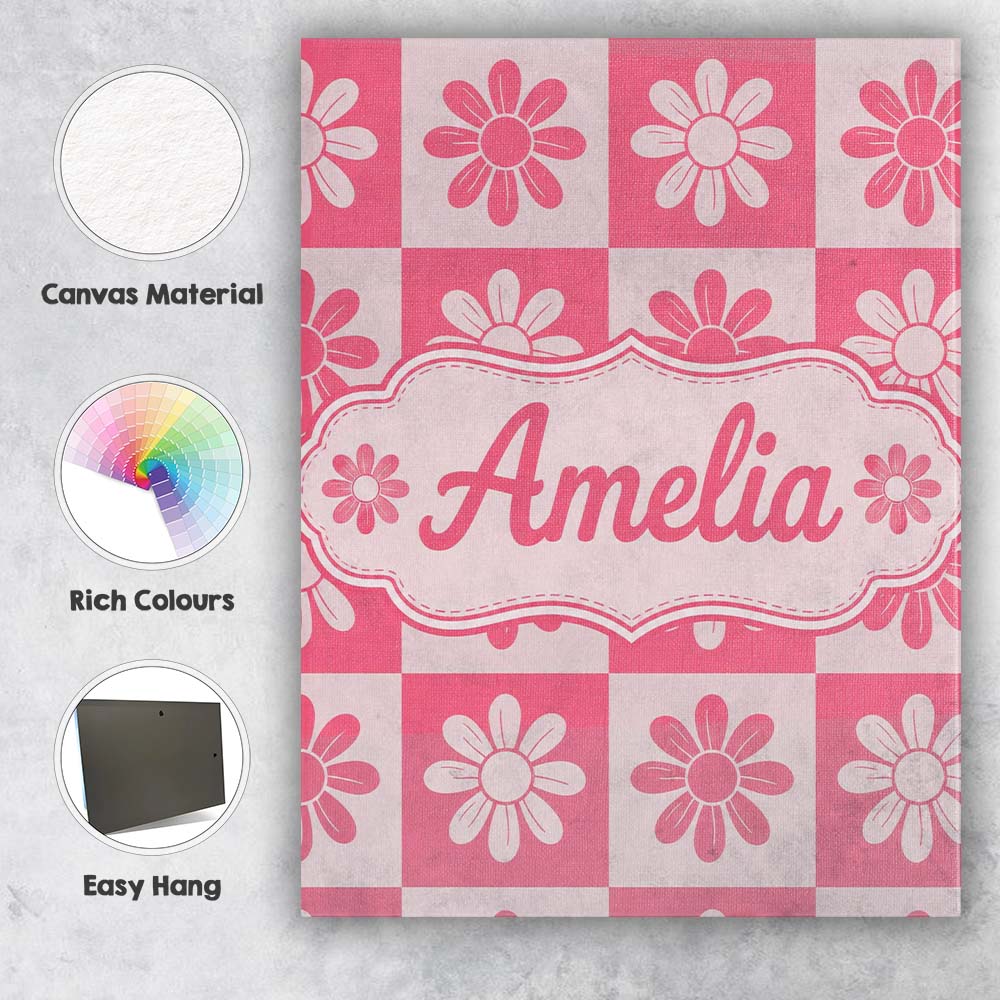 Personalised Name Daisy Flower Checkerboard Custom  Bespoke Interior Contemporary Canvas Wall Art Print Decor Picture Ready to Hang