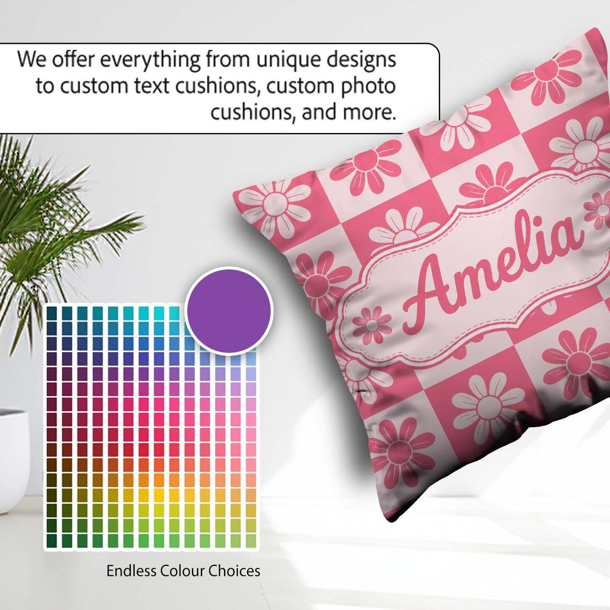 Custom Name Daisy Flower Pink White Seamless Pattern Name Cute Square Filled Cushion Throw Pillow Sofa Bed Home Decor Zip Washable UK Made
