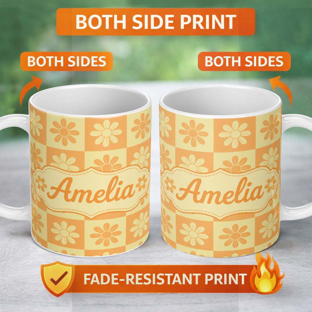 Personalized Custom Name Daisy Flower Checkerboard Orange Yellow Seamless Pattern Name Cute 11oz Ceramic Coffee Tea Mug White Large Handle