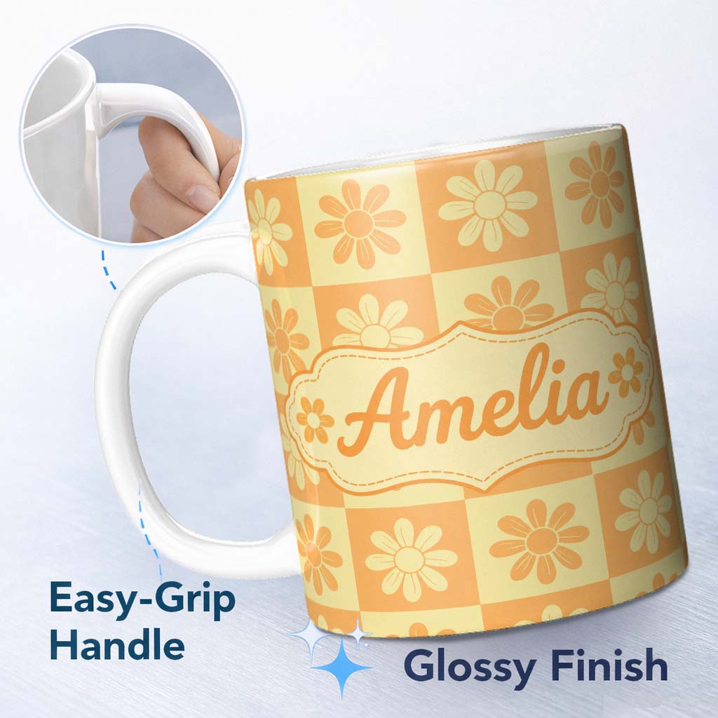 Personalized Custom Name Daisy Flower Checkerboard Orange Yellow Seamless Pattern Name Cute 11oz Ceramic Coffee Tea Mug White Large Handle