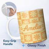 Personalized Custom Name Daisy Flower Checkerboard Orange Yellow Seamless Pattern Name Cute 11oz Ceramic Coffee Tea Mug White Large Handle