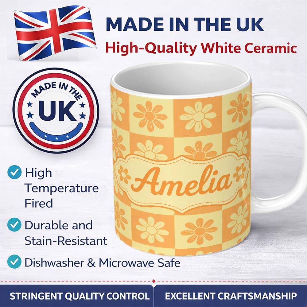 Personalized Custom Name Daisy Flower Checkerboard Orange Yellow Seamless Pattern Name Cute 11oz Ceramic Coffee Tea Mug White Large Handle
