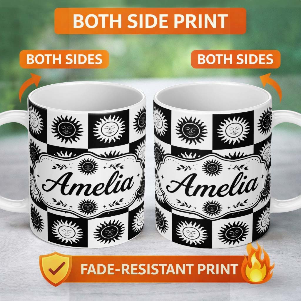 Personalized Custom Name Sun Face Checkerboard Black White Seamless Pattern Name Cute Unique 11oz Ceramic Coffee Tea Mug White Large Handle