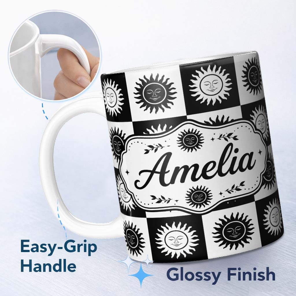 Personalized Custom Name Sun Face Checkerboard Black White Seamless Pattern Name Cute Unique 11oz Ceramic Coffee Tea Mug White Large Handle