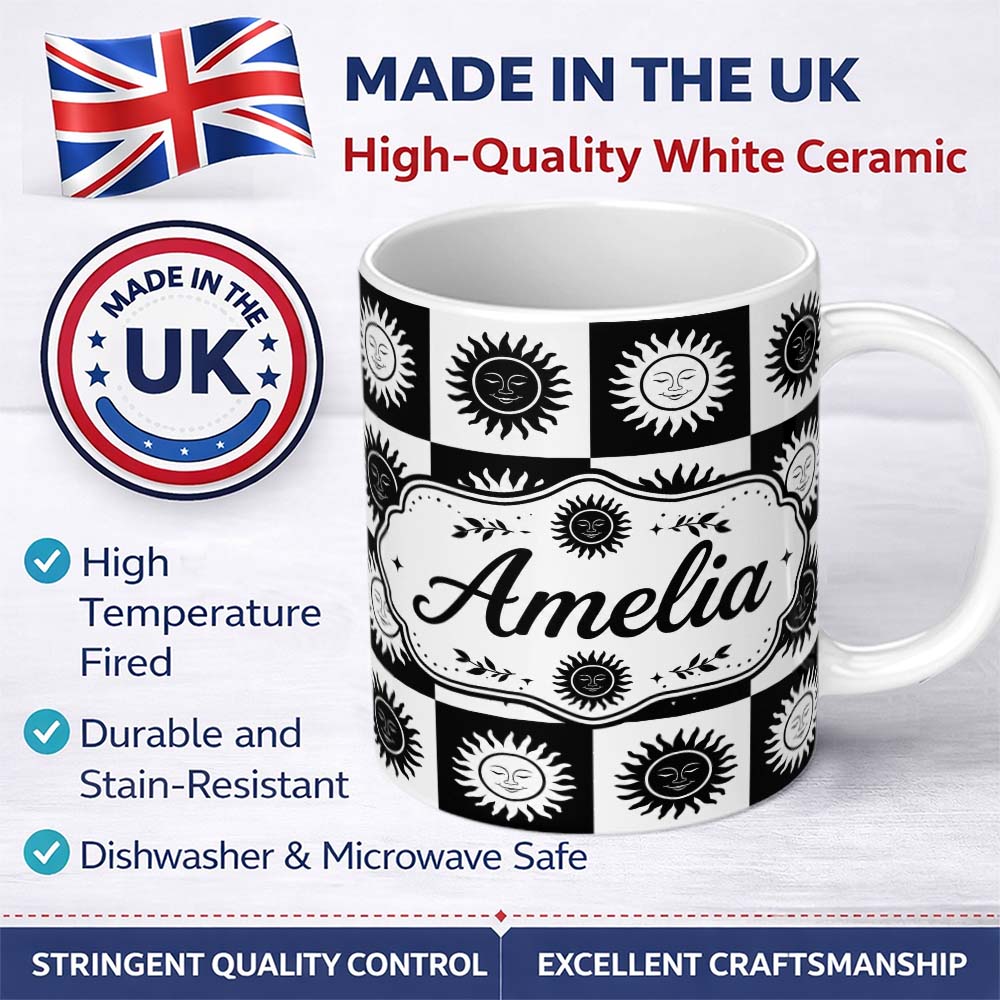 Personalized Custom Name Sun Face Checkerboard Black White Seamless Pattern Name Cute Unique 11oz Ceramic Coffee Tea Mug White Large Handle