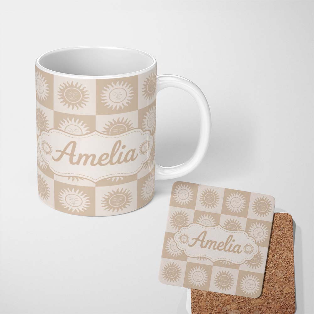 Personalized Custom Name Sun Face Checkerboard Beige Cream Seamless Pattern Name Cute Unique 11oz Ceramic Coffee Tea Mug White Large Handle