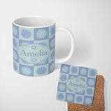 Personalized Custom Name Sun Face Checkerboard Soft Blue Seamless Pattern Name Cute Unique 11oz Ceramic Coffee Tea Mug White Large Handle