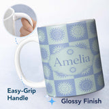 Personalized Custom Name Sun Face Checkerboard Soft Blue Seamless Pattern Name Cute Unique 11oz Ceramic Coffee Tea Mug White Large Handle