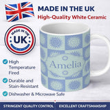 Personalized Custom Name Sun Face Checkerboard Soft Blue Seamless Pattern Name Cute Unique 11oz Ceramic Coffee Tea Mug White Large Handle