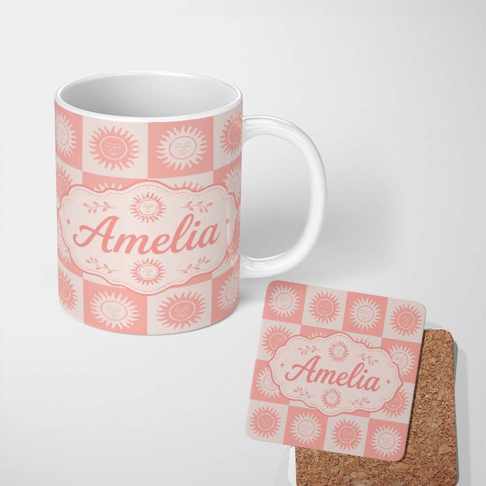 Personalized Custom Name Sun Face Checkerboard Peach Cream Seamless Pattern Name Cute Unique 11oz Ceramic Coffee Tea Mug White Large Handle