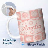 Personalized Custom Name Sun Face Checkerboard Peach Cream Seamless Pattern Name Cute Unique 11oz Ceramic Coffee Tea Mug White Large Handle