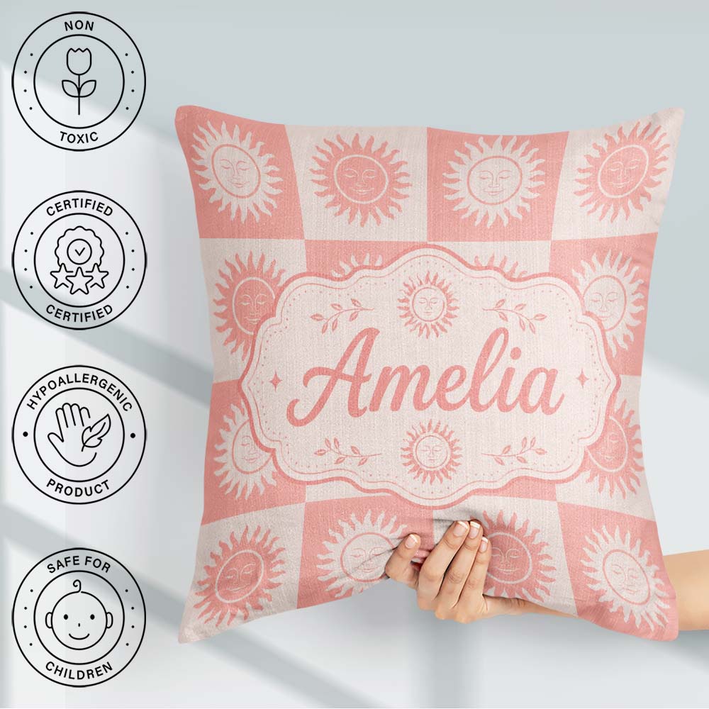 Custom Name Sun Face Checkerboard Peach Cream Seamless Name Cute Square Filled Cushion Throw Pillow Sofa Bed Home Decor Zip Washable UK Made